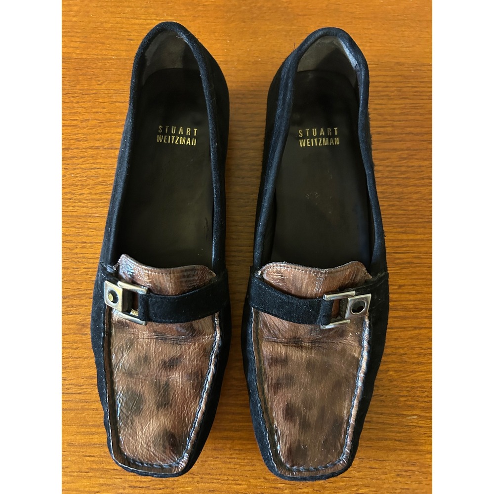 Stuart Weitzman Womens Black Suede Leopard Print Loafers Square Toe‎